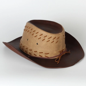 Retro western cowboy hat in brown two-tone faux leather with braided rope accents