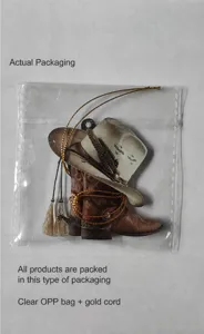 Flat acrylic western cowboy hat and boot car ornament with gold string in OPP bag