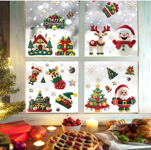Christmas window decals with knit texture showing Santa and reindeer on glass pane