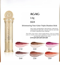 Close-up of dual-color eyeshadow stick swatches from shades 01 to 06 on skin