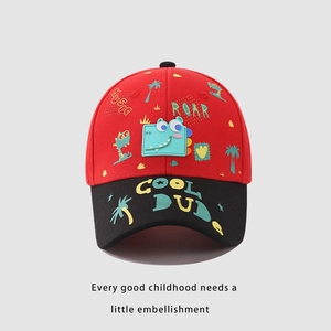 Detailed front view of red and black kids dinosaur baseball cap with cool dude text prints