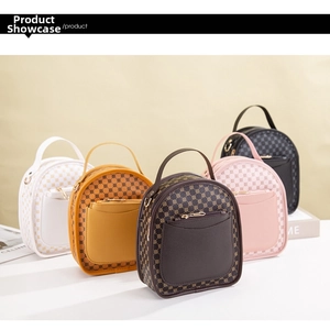 Close-up of mini backpacks in five colors with vintage geometric patterns and gold zippers