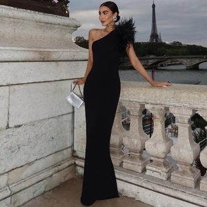 Detail of elegant black one-shoulder evening gown featuring premium feather trim on shoulder