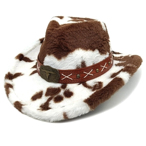 Cow Print Western Cowboy Hat Faux Fur Plush With Bull Head Buckle Wide Brim Retro Style For Women