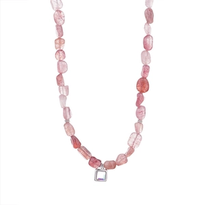 Pink natural crystal stone necklace with a square sun and moon stainless steel pendant