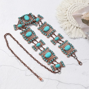 Detailed close-up of retro zinc alloy waist chain with engraved turquoise inlays