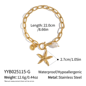 Détail du bracelet 22cm en acier inoxydable avec étoile de mer et perle et dimensions