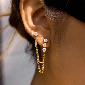 18K gold plated stainless steel chain drop earrings with white zircon tassels for women