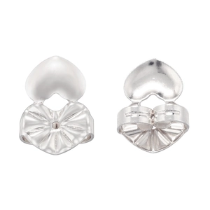 Detailed macro view of silver heart-shaped earring lifters and butterfly back supports