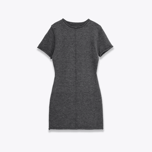 Front view of a slim fit gray short sleeve knitted mini dress with a classic crew neck