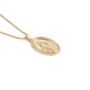 Detail of gold box chain necklace with crystal oval Virgin Mary portrait pendant