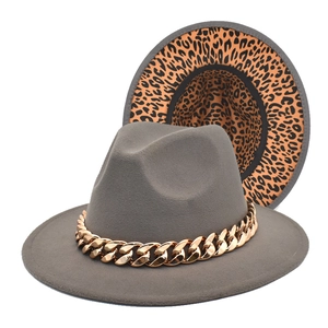 Gray fedora hat with gold chunky chain and leopard print brim lining for winter