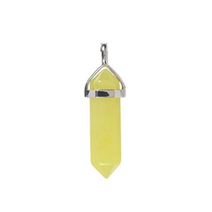 Close-up of a yellow hexagonal crystal pillar pendant with silver metal clasp detail