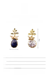Detailed size view of natural pearl earrings with lapis lazuli and gold leaf accents