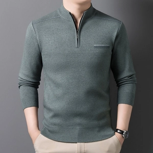 Men's Half Zip Knitted Sweater Stand Collar Thickened Winter Business Casual Striped Pullover Long Sleeve