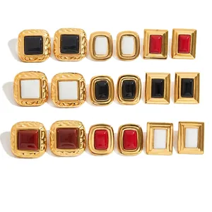 Vintage Edelstahl Achat Ohrstecker Für Damen Geometrisch Gehämmert Gold Beschichtete Ohrringe Wasserdicht Hypoallergen Schmuck