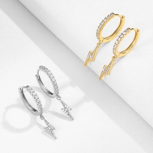 Sparkling copper lightning bolt hoop earrings with cubic zirconia in gold and silver