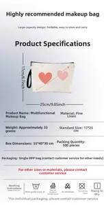 Detailed size chart for linen Valentine's Day heart makeup bag measuring 17x25cm