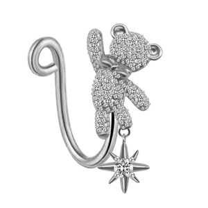 Silver bear nose ring with cubic zirconia stars and polished stainless steel finish