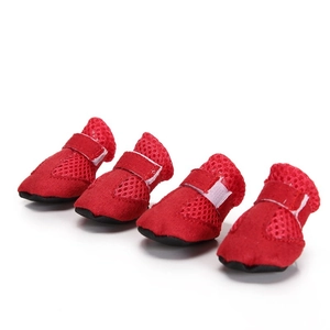 Breathable red mesh dog shoes with non-slip soft soles for comfortable summer walking