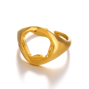 Polished gold minimalist hollow geometric stainless steel open ring with fluid design