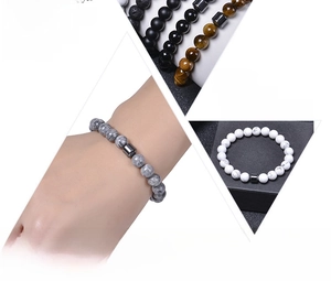 Detailed view of 8mm natural stone beaded bracelets including lava and agate stones