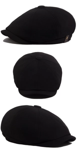 Vues détaillées d'une casquette gavroche noire montrant la texture et l'ornement