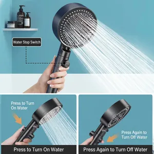 Matte black handheld pressurized shower head with a convenient one-click water stop button