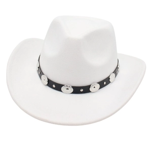 Classic white western cowboy fedora with black leather band and silver metal studs