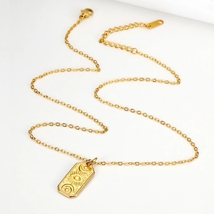 Vintage gold rectangle pendant necklace with celestial eye star moon engraving