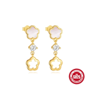 Boucles d'oreilles S925 argent doré avec nacre blanche et pétales de fleurs en zircon
