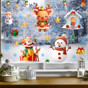 Festive Santa and snowman window stickers on frosted glass with winter forest backdrop