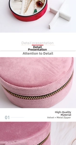 Detail shot of the velvet jewelry box showing a smooth metal zipper and soft fabric texture
