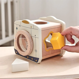 Close-up of wooden shape sorter toy showing hand placing a star block into the slot