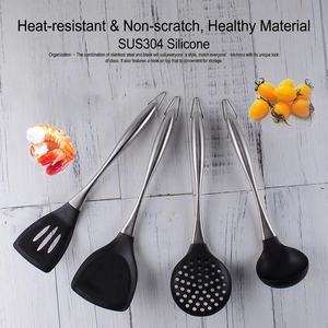 Silicone Kitchen Utensils With 304 Stainless Steel Hollow Handle Heat Resistant Non Stick Cooking Spatula Soup Spoon Colander