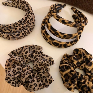 Vintage leopard print hair accessory set with fabric headband and elastic scrunchies
