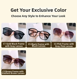 Detail view of large square polarized sunglasses in black, pink, and tea color frames
