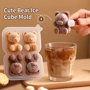 4-cavity silicone bear ice cube mold creating 3D textured bears for coffee and milk tea