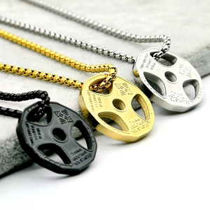 Three titanium steel dumbbell weight plate necklaces in black, gold, and silver finishes