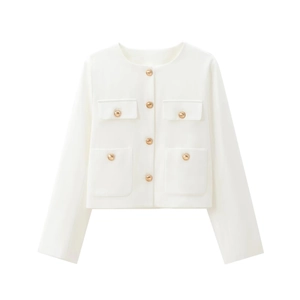 White short jacket for women featuring round neck and gold buttons on a white background