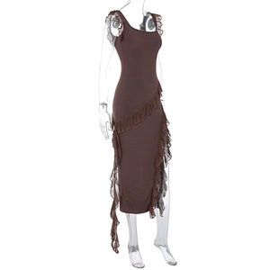 Detailed view of dark brown bodycon dress with ruffled seams and asymmetrical hem