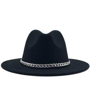 Unisex wide brim black felt Panama hat with bold silver metal chain band detail