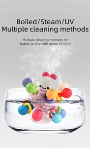 Baby teether toy showing water boiling and steam sterilization for safety