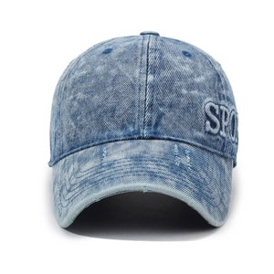 Distressed wash denim baseball cap with 3D SPORT embroidery and vintage worn edges