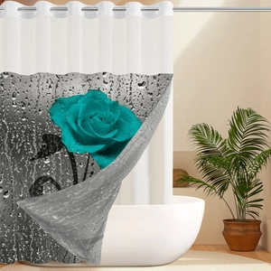 Detailed close-up of blue rose print and waterproof texture on a luxury shower curtain