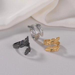 Feather Open Ring Titanium Steel Adjustable Wrap Design Vintage INS Style Jewelry For Women Men