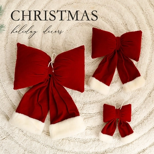 Three-piece set of red velvet Christmas bows with white faux fur trim for festive tree decor