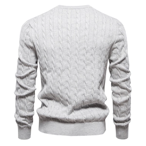 Detail view of the back of a light grey cable knit sweater for men in high quality