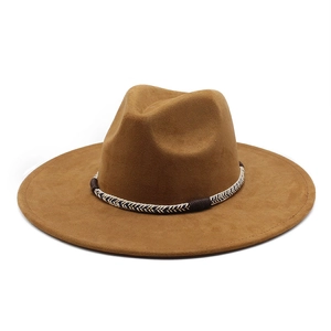 Classic camel faux suede wide brim fedora hat with woven decorative band for men and women