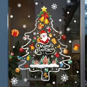 Christmas window decals with large white snowflake tree and colorful festive patterns